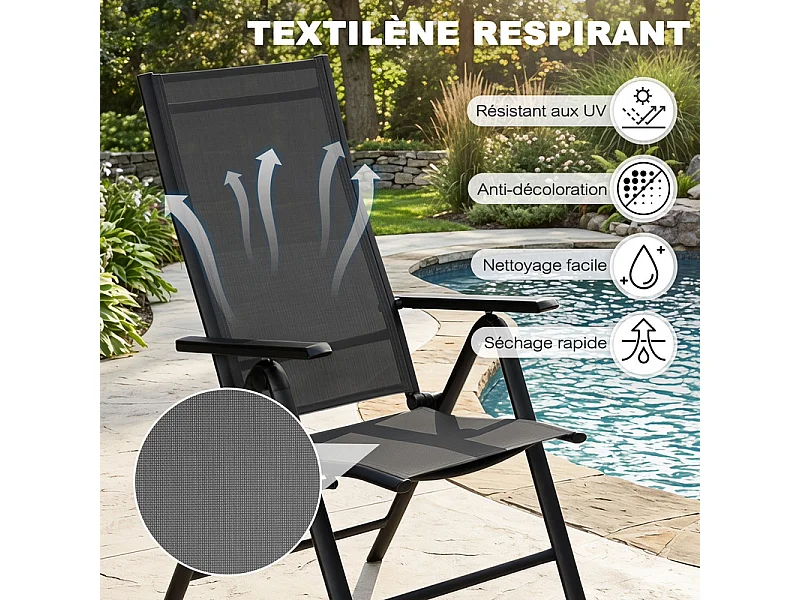 Lot de 2 chaises pliantes aluminium Textilène pour extérieur, dossier 7 positions
