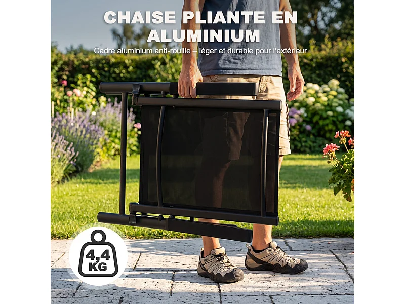 Lot de 2 chaises pliantes aluminium Textilène pour extérieur, dossier 7 positions