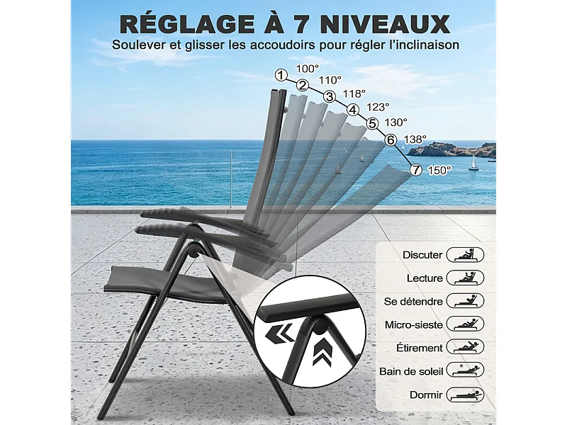 Lot de 2 chaises pliantes aluminium Textilène pour extérieur, dossier 7 positions