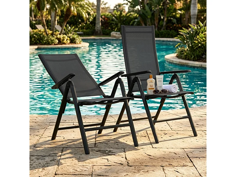 Lot de 2 chaises pliantes aluminium Textilène pour extérieur, dossier 7 positions