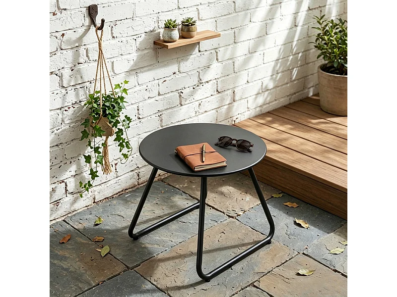 Table d’appoint ronde métal 45 cm, résistant aux intempéries, noir
