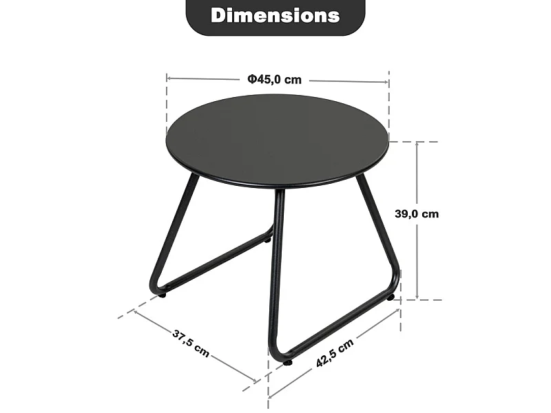 Table d’appoint ronde métal 45 cm, résistant aux intempéries, noir
