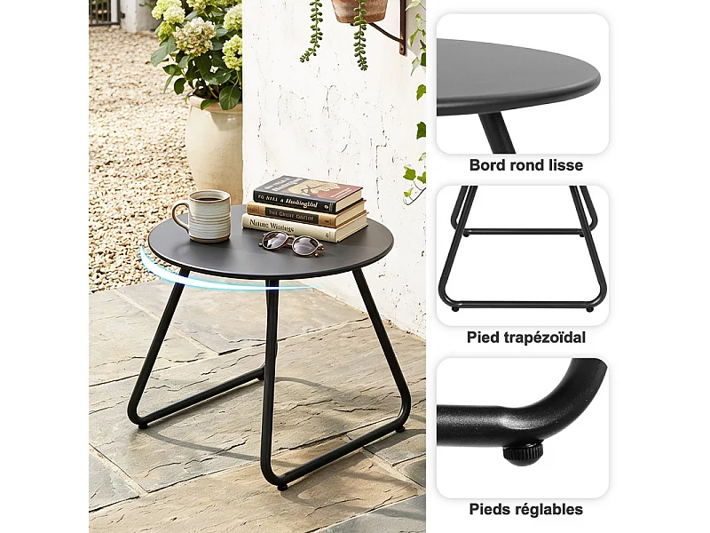 Table d’appoint ronde métal 45 cm, résistant aux intempéries, noir