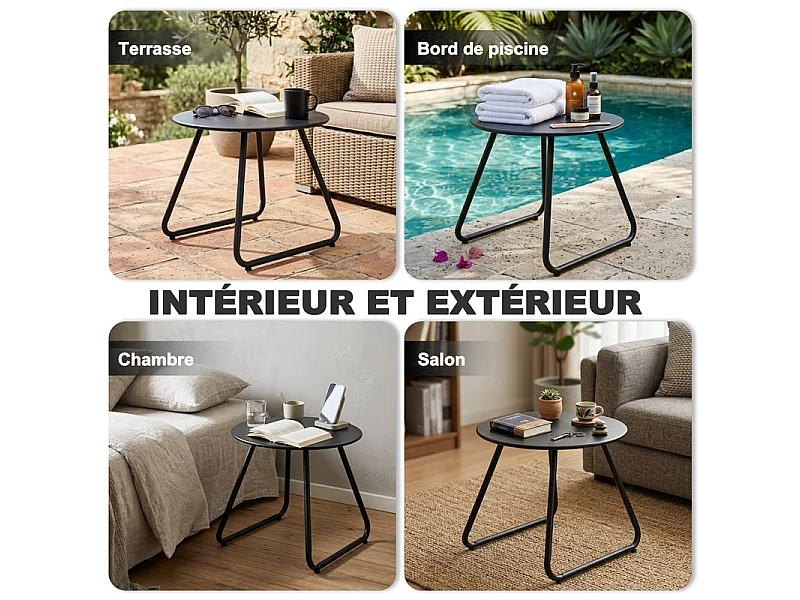 Table d’appoint ronde métal 45 cm, résistant aux intempéries, noir