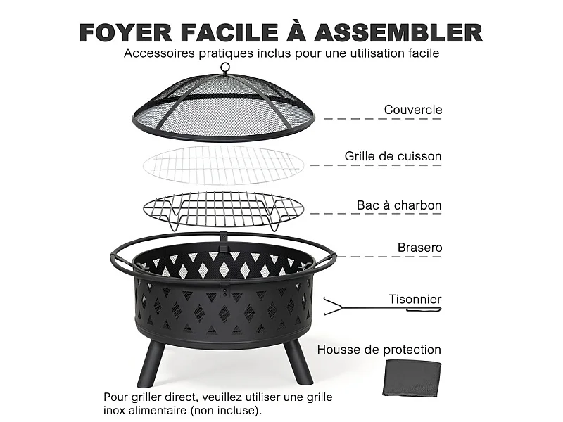 Foyer rond extérieur en métal avec housse, cadre résistant aux intempéries