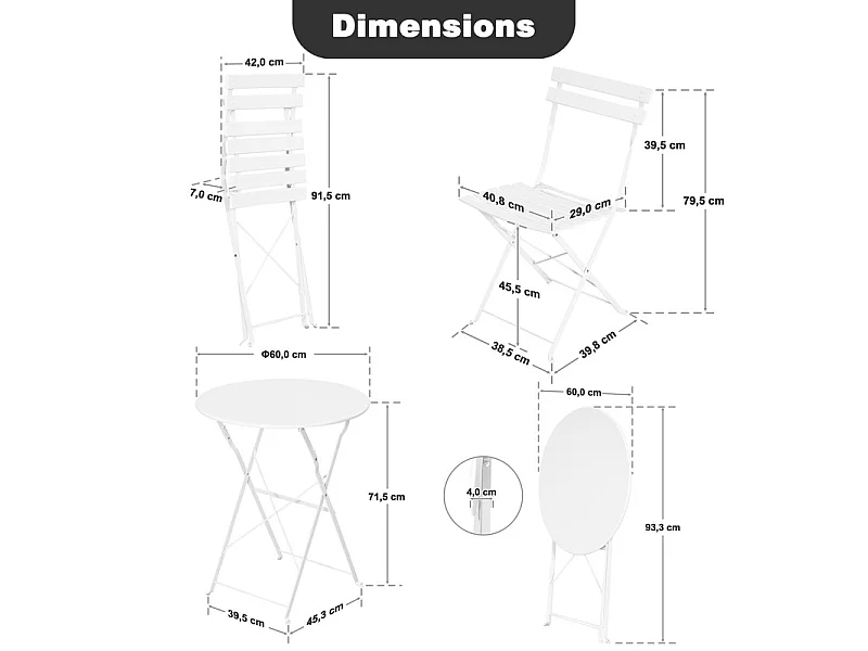 Avestar 3 pièces set bistro terrasse pliable blanc, métal rev. E