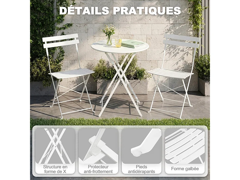 Avestar 3 pièces set bistro terrasse pliable blanc, métal rev. E