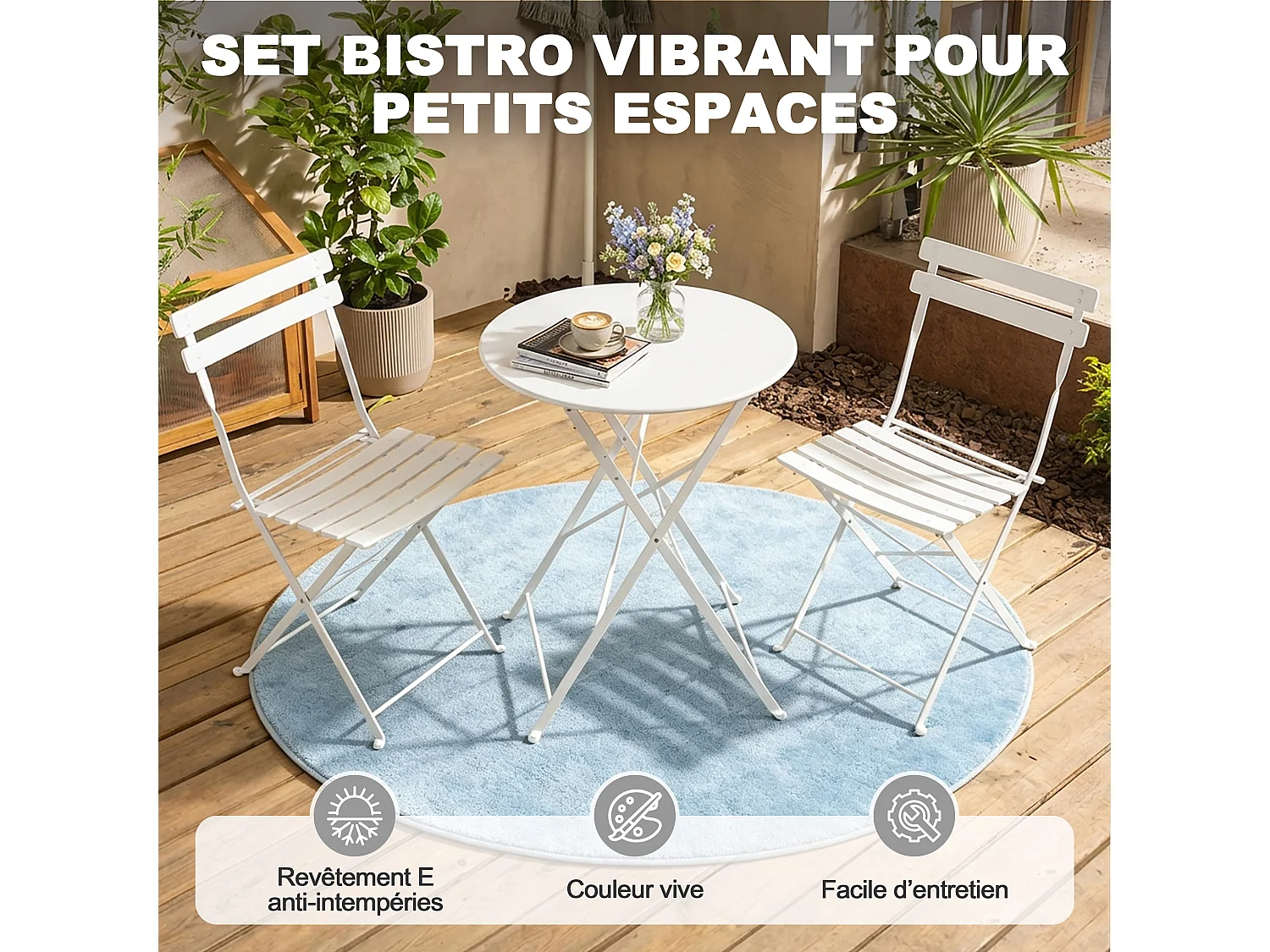 Avestar 3 pièces set bistro terrasse pliable blanc, métal rev. E
