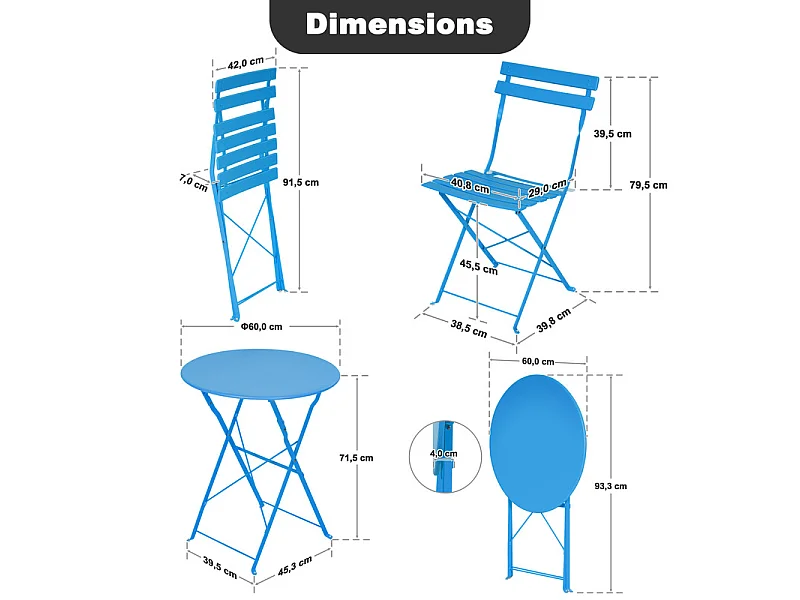 Avestar 3 pièces set bistro terrasse pliable bleu, métal rev. E
