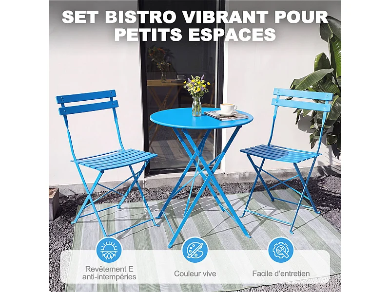 Avestar 3 pièces set bistro terrasse pliable bleu, métal rev. E