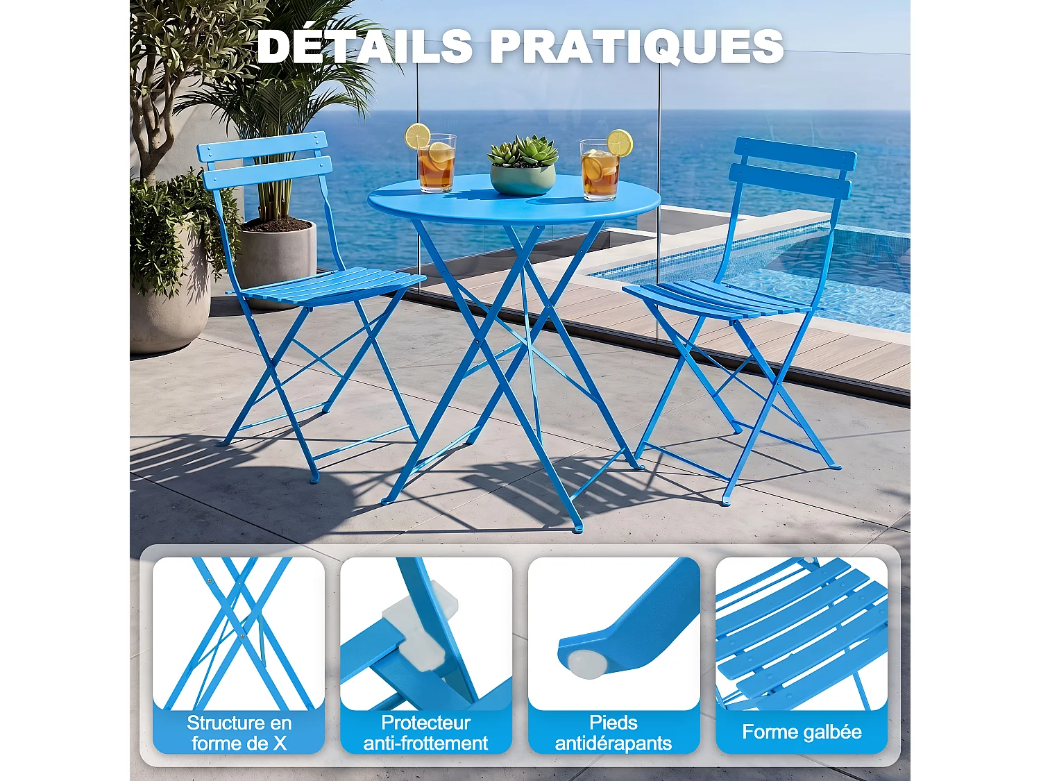 Avestar 3 pièces set bistro terrasse pliable bleu, métal rev. E