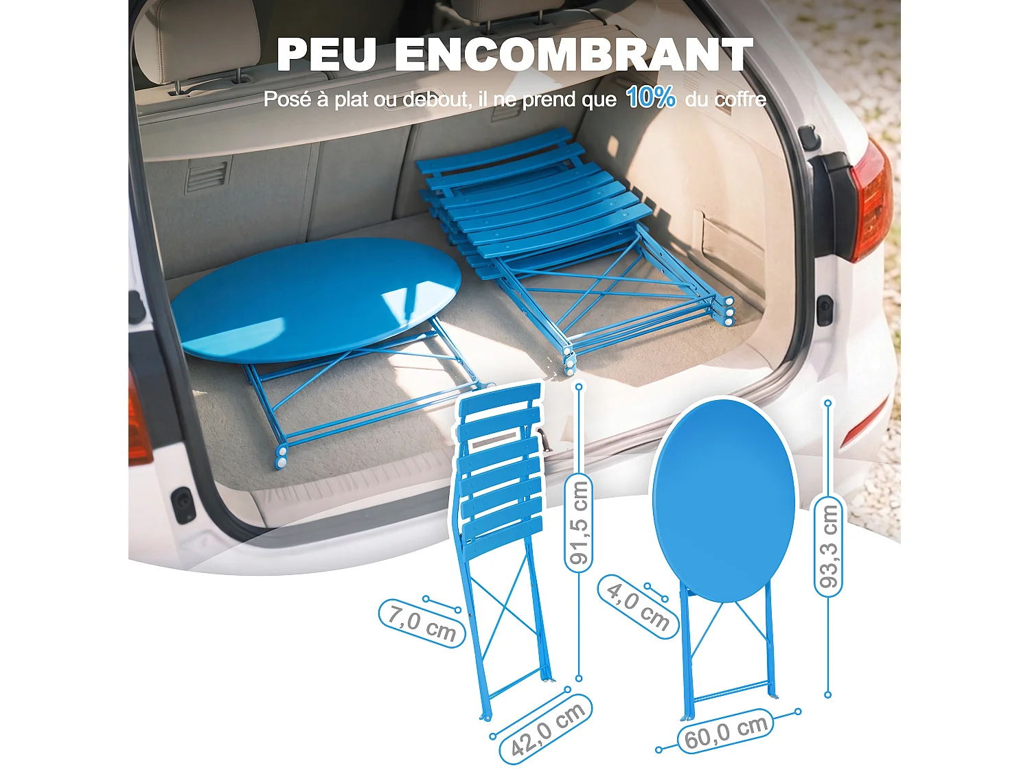 Avestar 3 pièces set bistro terrasse pliable bleu, métal rev. E