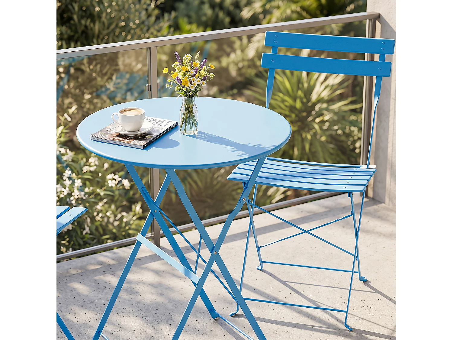 Avestar 3 pièces set bistro terrasse pliable bleu, métal rev. E