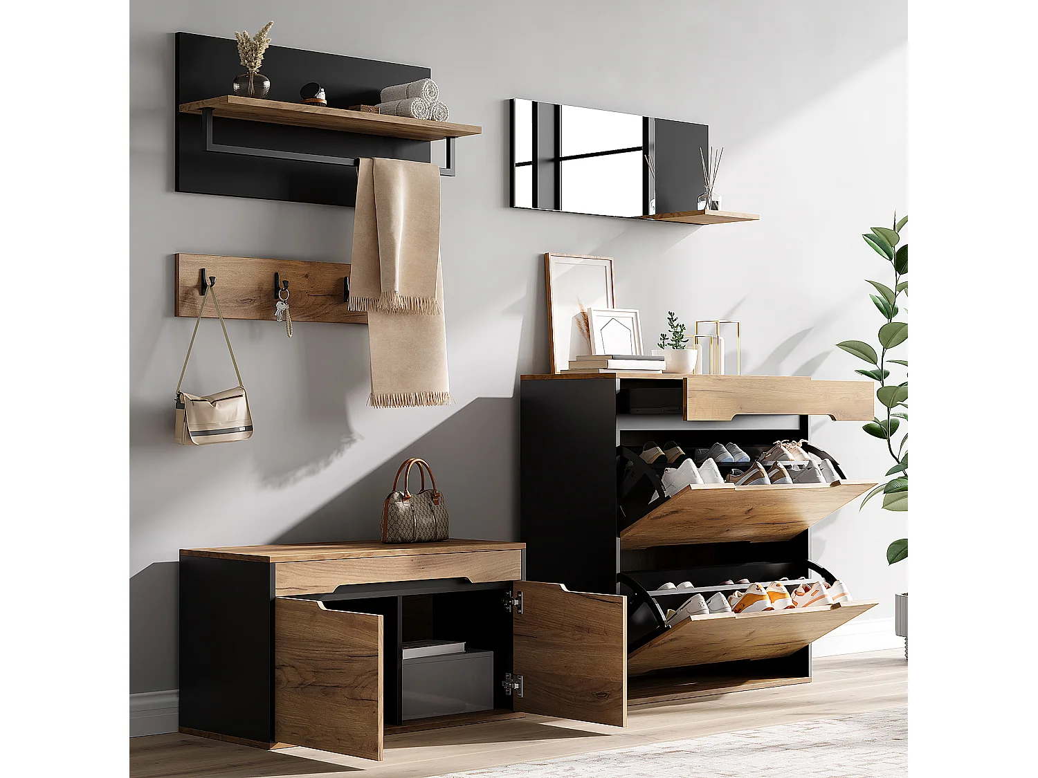 Shoe cabinet with bench, mirror, hanging rail, 4 doors, 1 drawer and 4 hooks - MDF/particleboard - 156x36x176cm - Black and wood