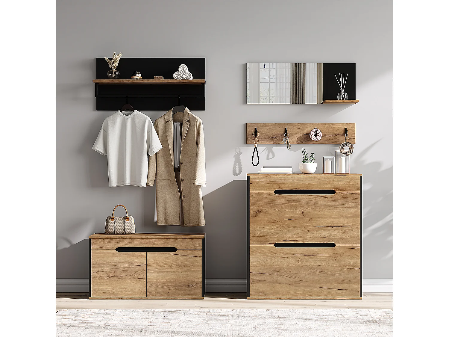 Shoe cabinet with bench, mirror, hanging rail, 4 doors, 1 drawer and 4 hooks - MDF/particleboard - 156x36x176cm - Black and wood