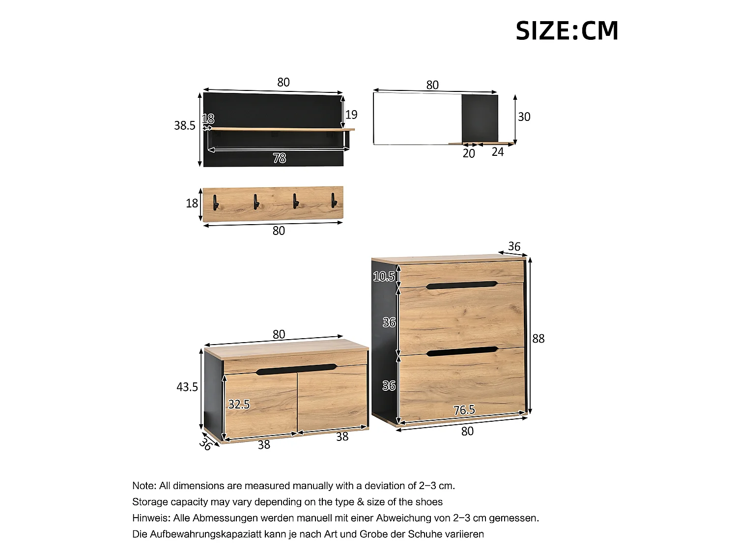 Shoe cabinet with bench, mirror, hanging rail, 4 doors, 1 drawer and 4 hooks - MDF/particleboard - 156x36x176cm - Black and wood
