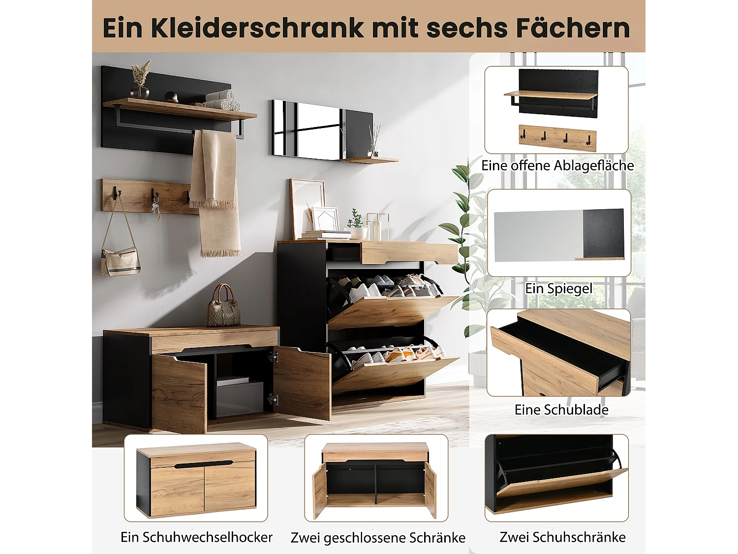 Shoe cabinet with bench, mirror, hanging rail, 4 doors, 1 drawer and 4 hooks - MDF/particleboard - 156x36x176cm - Black and wood