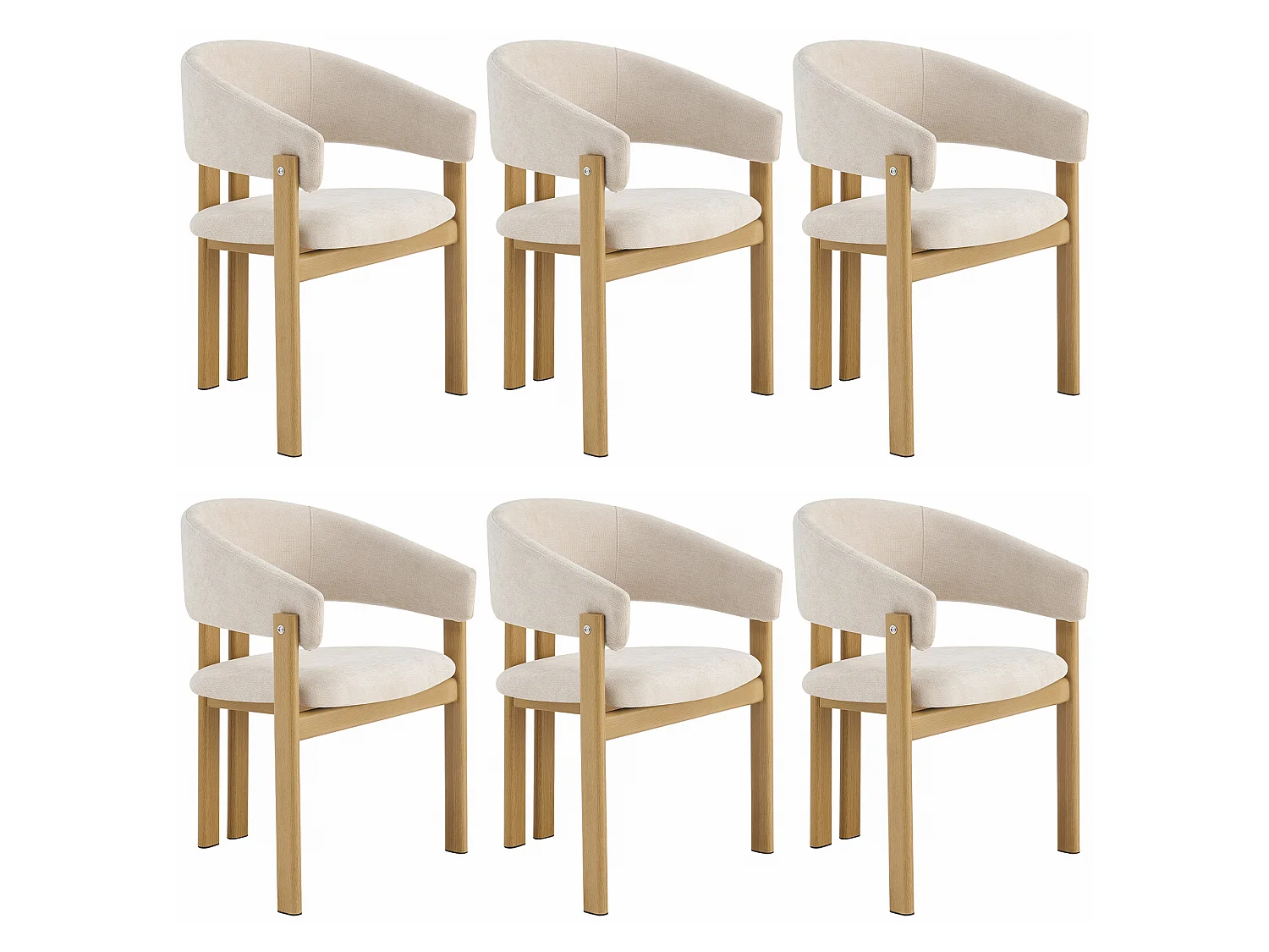 Set van 6 metalen stoelen imitatie hout - Met armleuningen - Metalen structuur - Linnen stof beige - Natuurlijk
