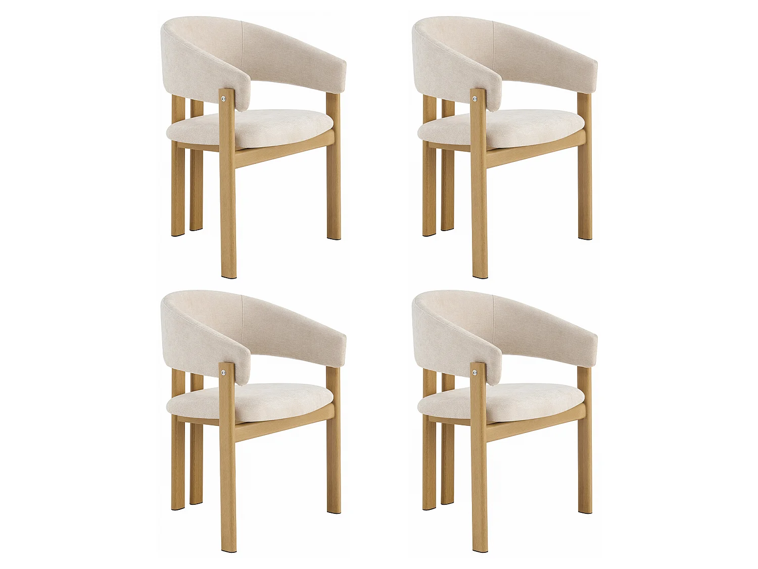 Lot de 4 chaises en métal imitation bois - Avec acoudoirs - Structure en métal - Tissu lin beige - Naturel
