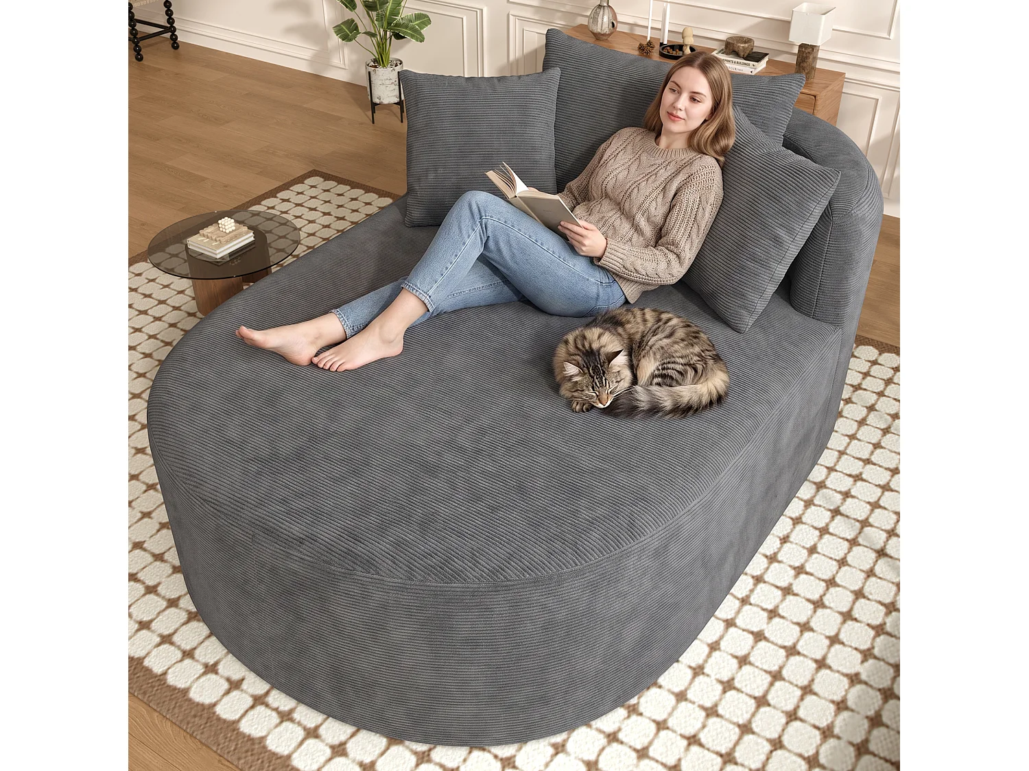 Fauteuil inclinable ovale - aucun assemblage requis - très élastique - velours côtelé - gris