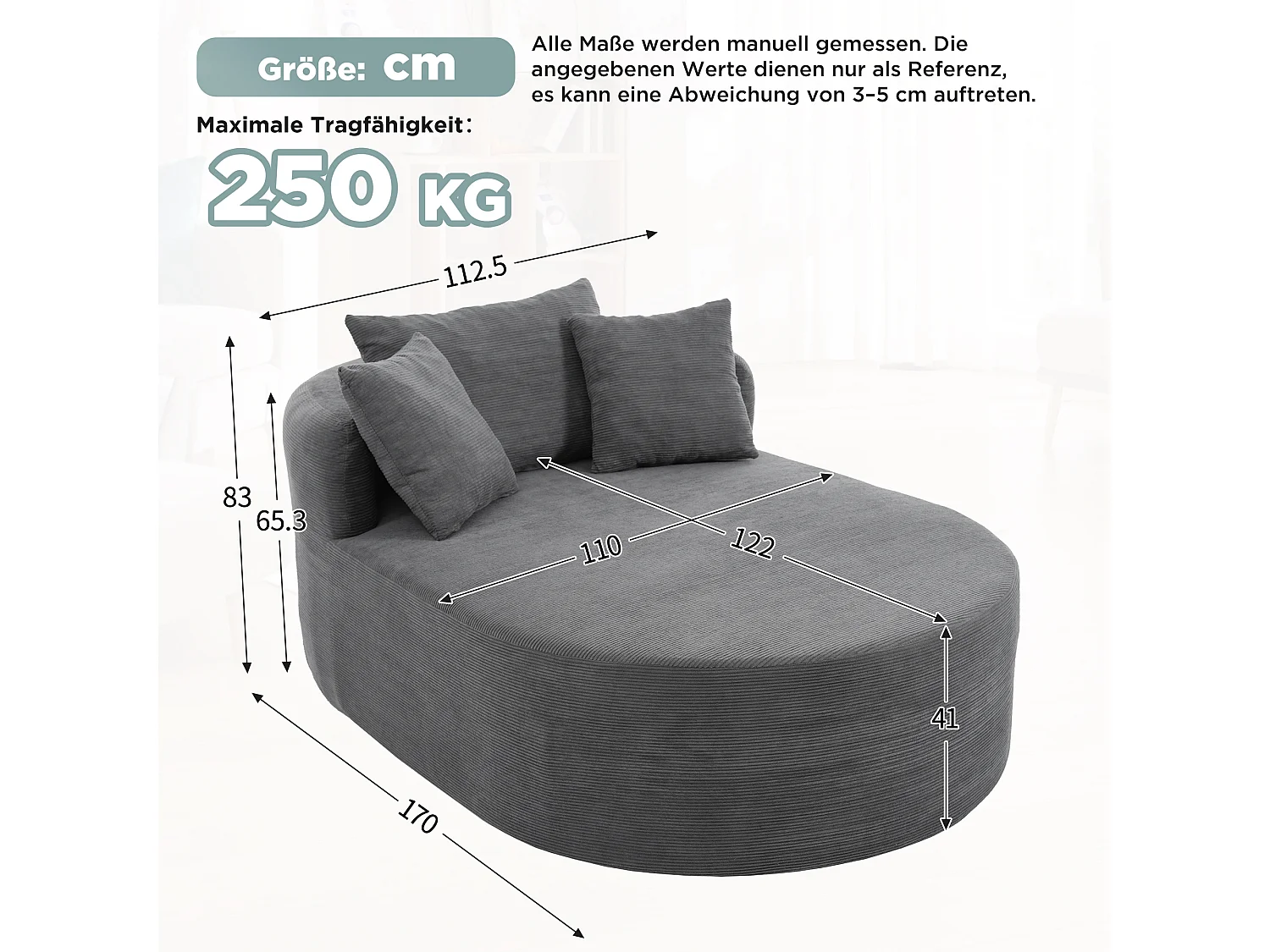 Fauteuil inclinable ovale - aucun assemblage requis - très élastique - velours côtelé - gris