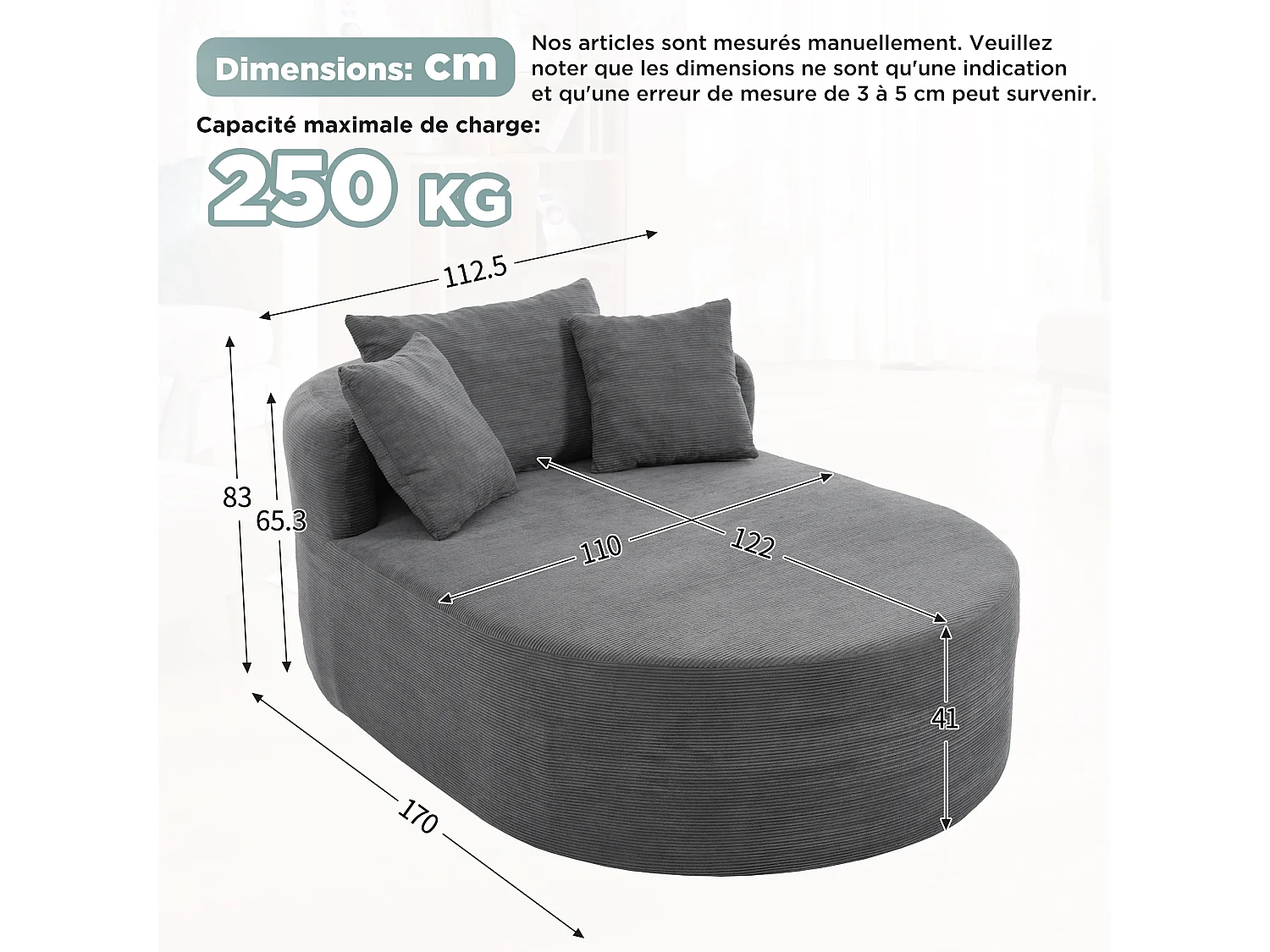 Fauteuil inclinable ovale - aucun assemblage requis - très élastique - velours côtelé - gris