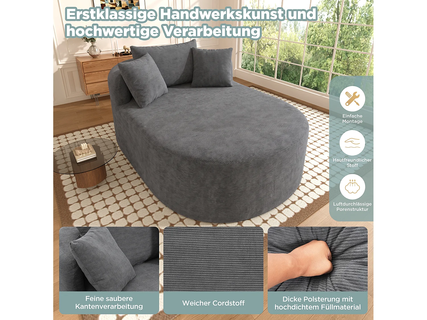 Fauteuil inclinable ovale - aucun assemblage requis - très élastique - velours côtelé - gris