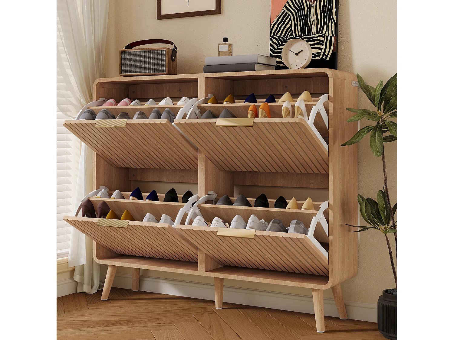 Skandinavisch Schoenmeubel 105x24x90cm - Opbergmeubel met Neerklapbare Deuren & Massieve Poten, Moderne Stijl - Bruin
