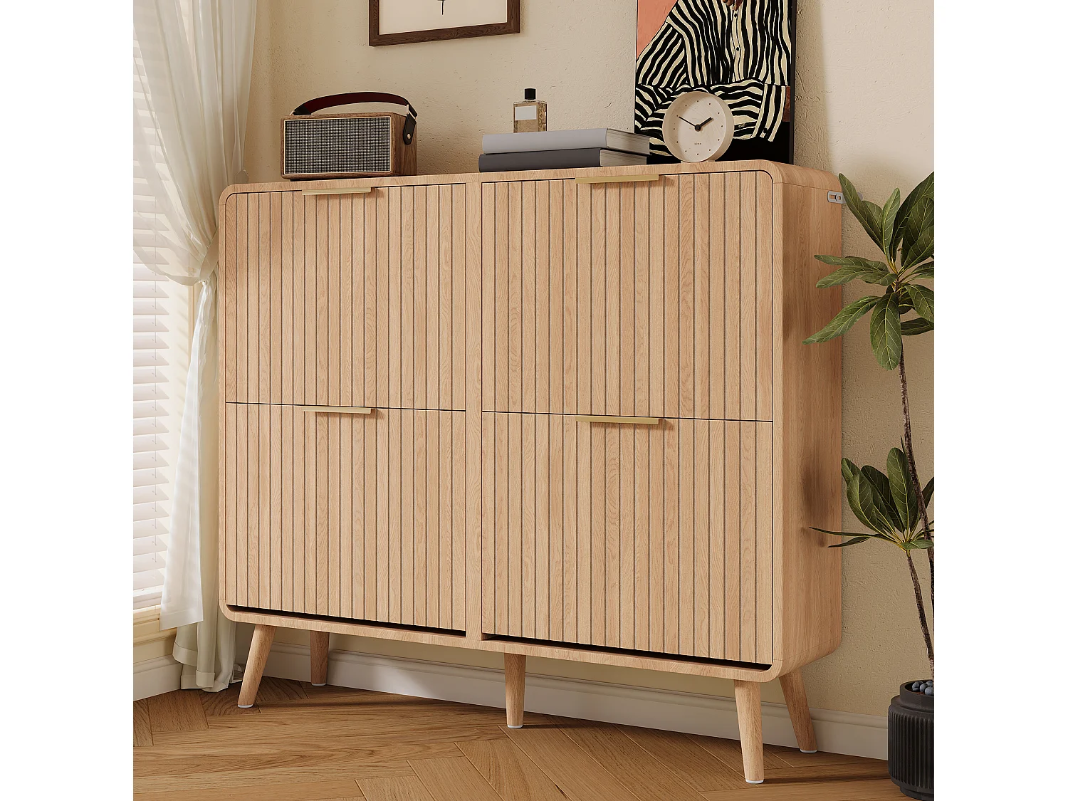 Skandinavisch Schoenmeubel 105x24x90cm - Opbergmeubel met Neerklapbare Deuren & Massieve Poten, Moderne Stijl - Bruin