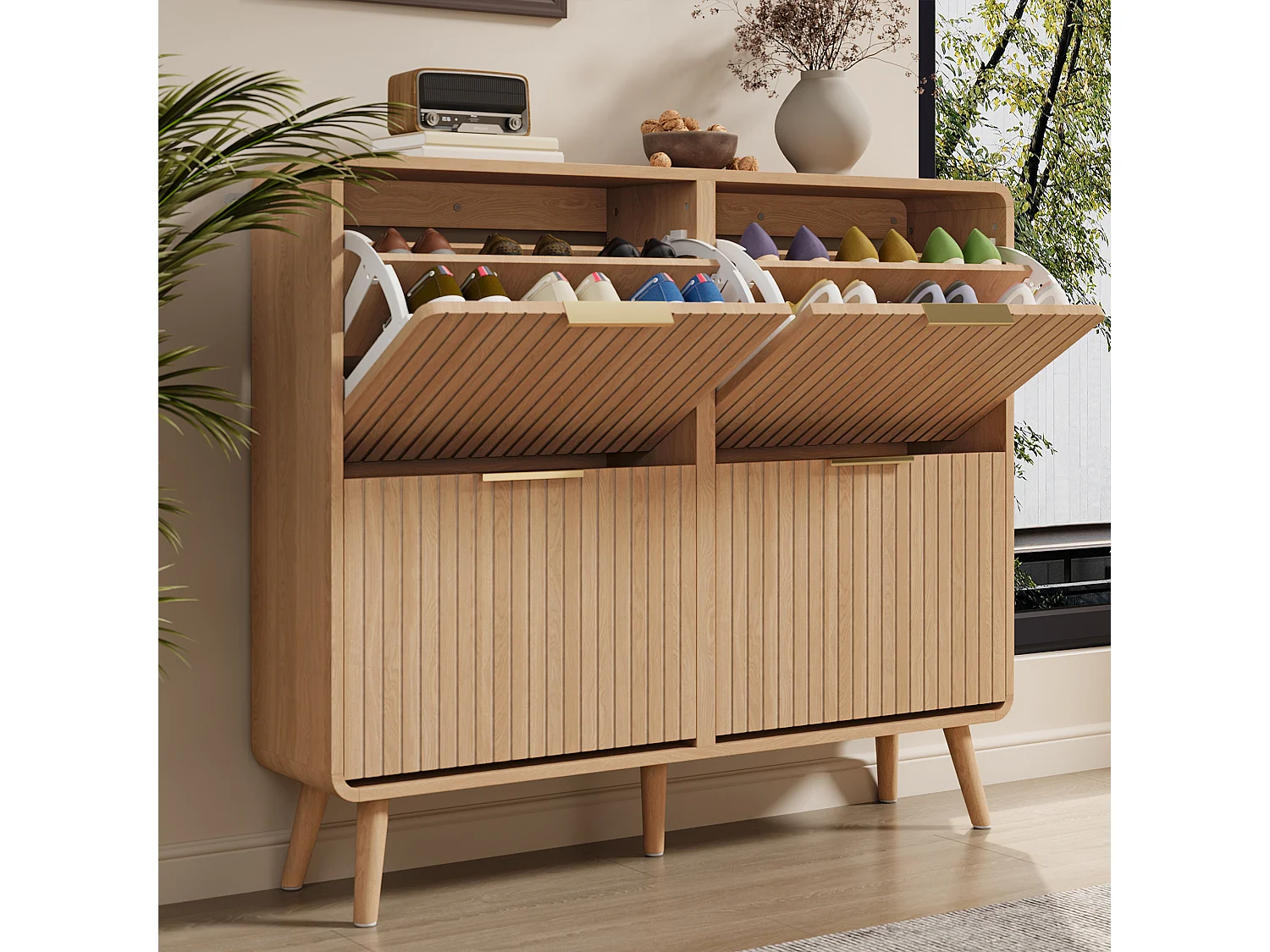 Skandinavisch Schoenmeubel 105x24x90cm - Opbergmeubel met Neerklapbare Deuren & Massieve Poten, Moderne Stijl - Bruin