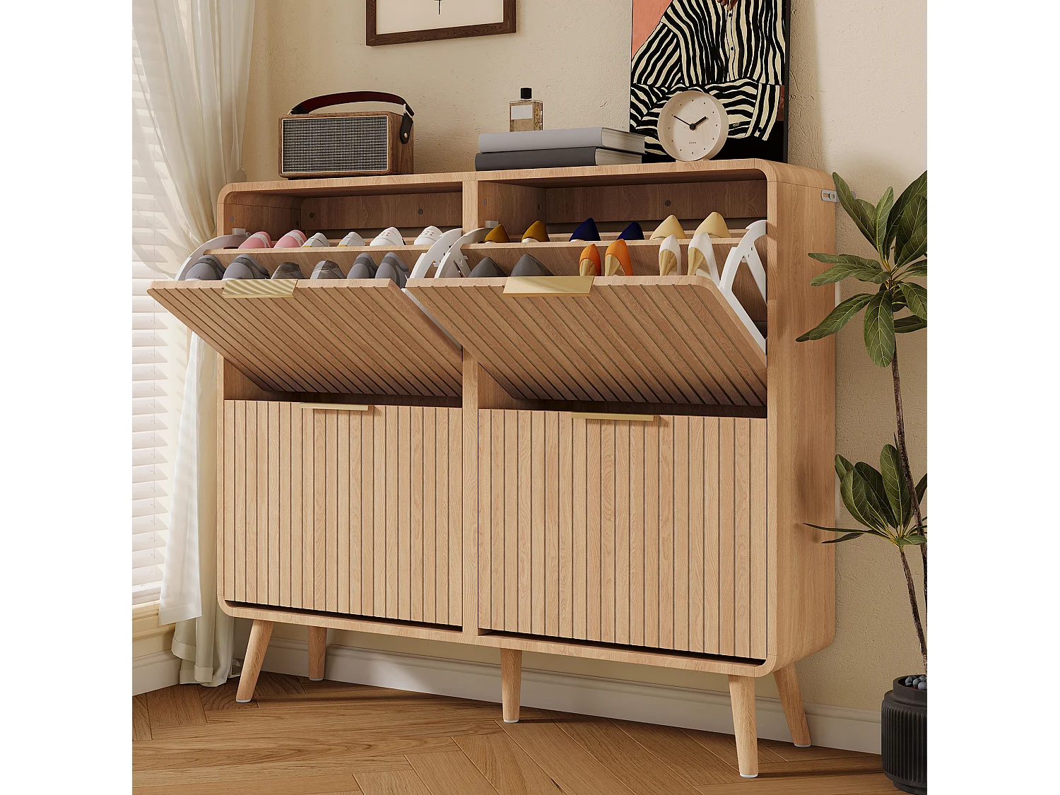 Mobile per Scarpe Scandinavo 105x24x90cm - Mobile di Contenimento con Ante Ribaltabili & Piedi Massicci, Stile Moderno - Marrone