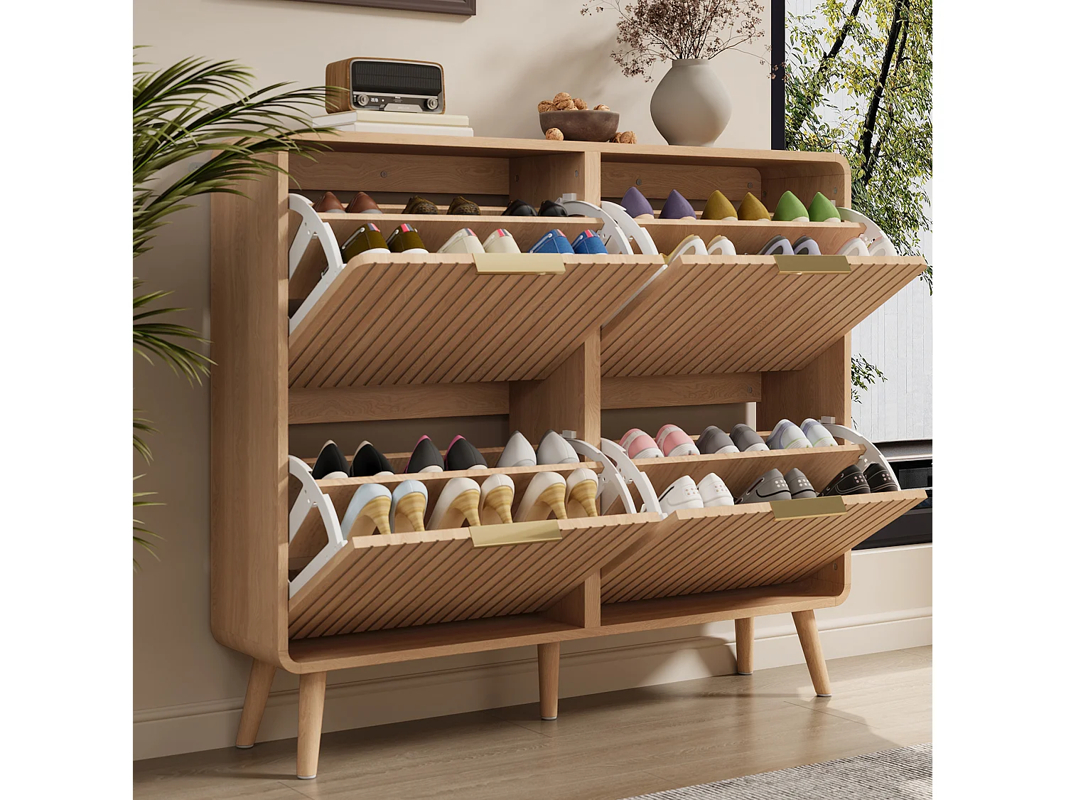 Mobile per Scarpe Scandinavo 105x24x90cm - Mobile di Contenimento con Ante Ribaltabili & Piedi Massicci, Stile Moderno - Marrone