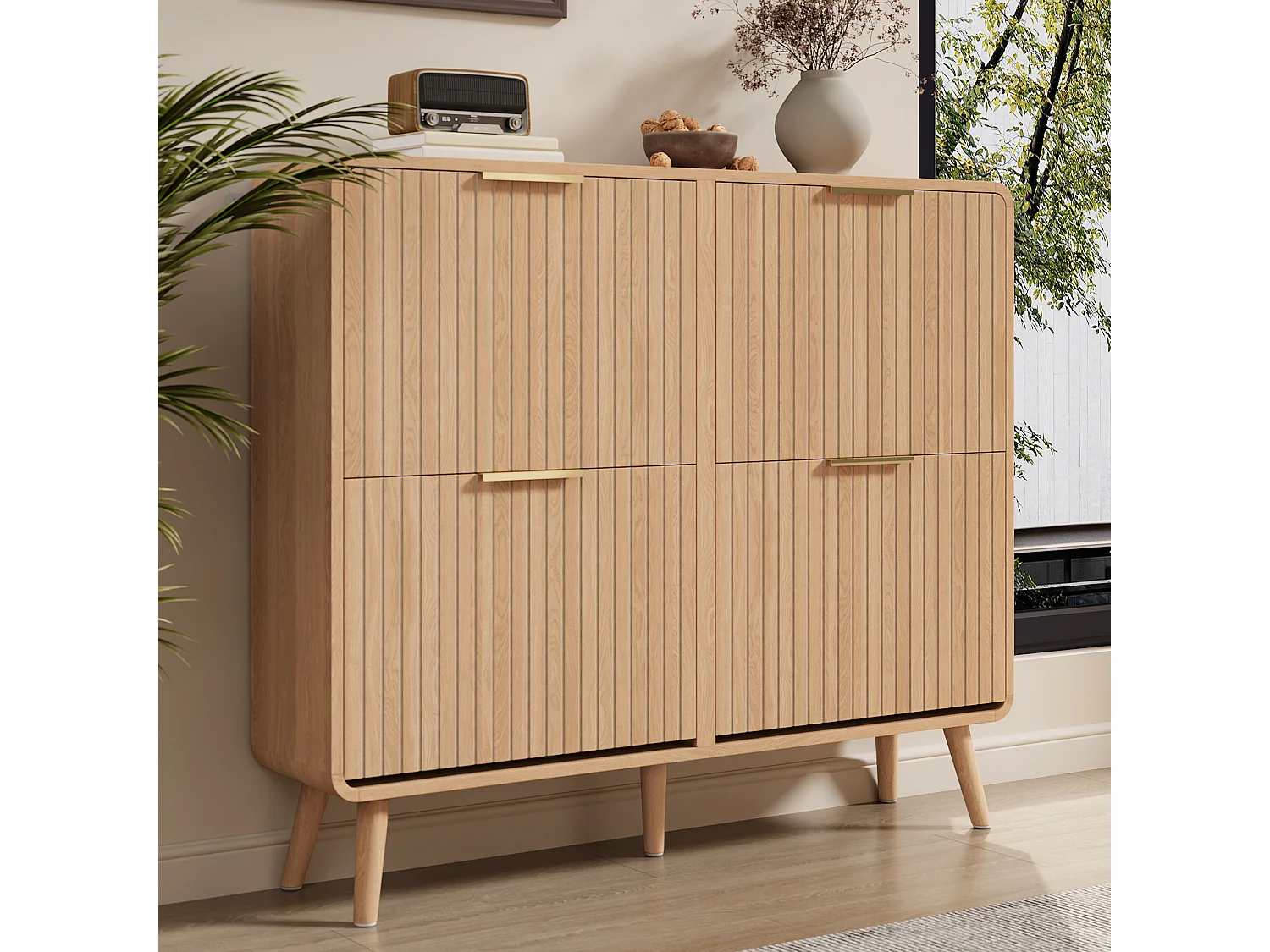 Mobile per Scarpe Scandinavo 105x24x90cm - Mobile di Contenimento con Ante Ribaltabili & Piedi Massicci, Stile Moderno - Marrone