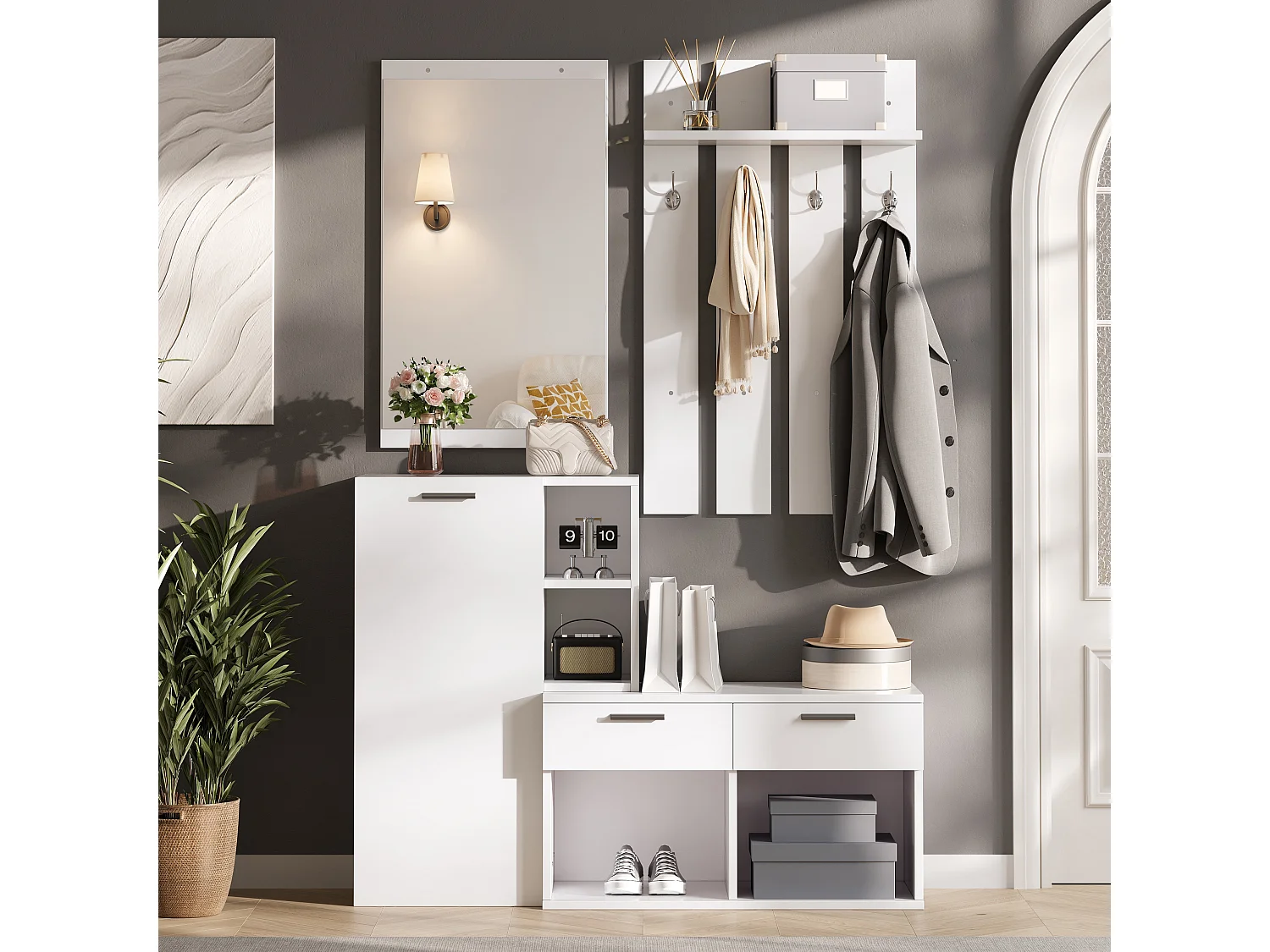 Schuhschrank mit Spiegel, Sitzbank, 4 Haken, 2 Schubladen und 10 Fächern – MDF – 120 x 35 x 175,5 cm – Weiß