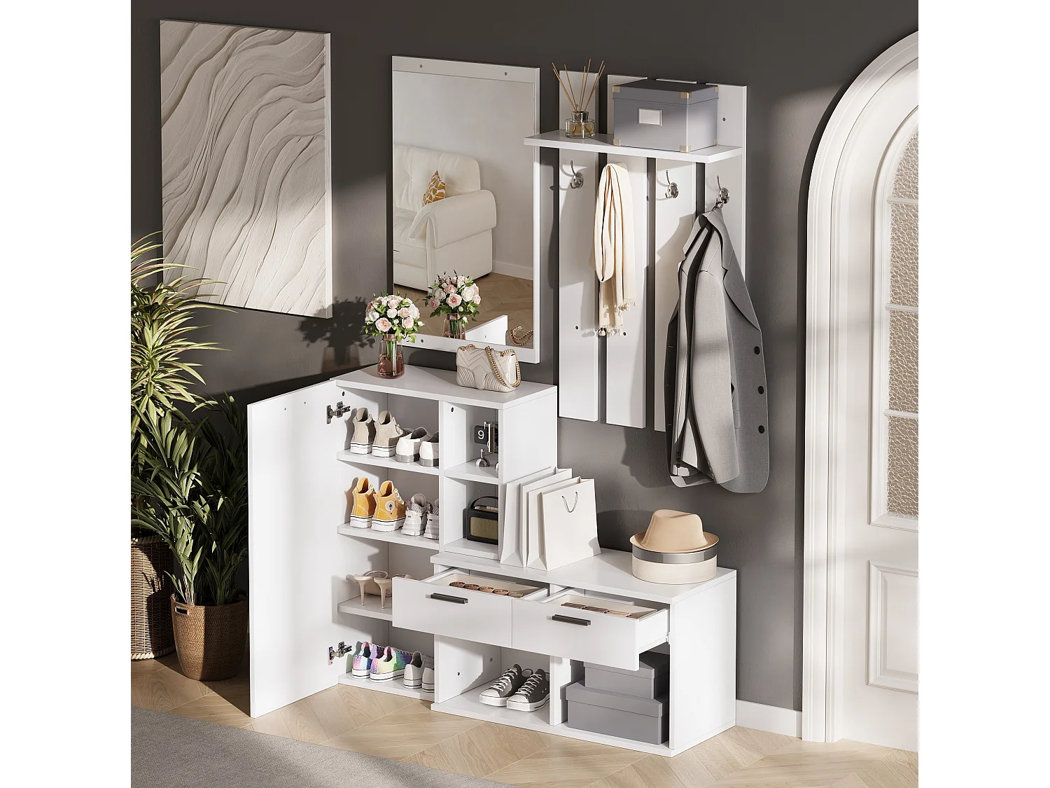 Schuhschrank mit Spiegel, Sitzbank, 4 Haken, 2 Schubladen und 10 Fächern – MDF – 120 x 35 x 175,5 cm – Weiß