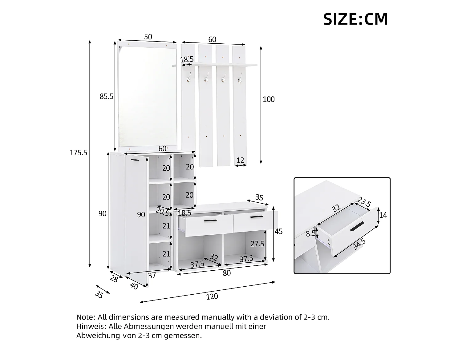 Schuhschrank mit Spiegel, Sitzbank, 4 Haken, 2 Schubladen und 10 Fächern – MDF – 120 x 35 x 175,5 cm – Weiß