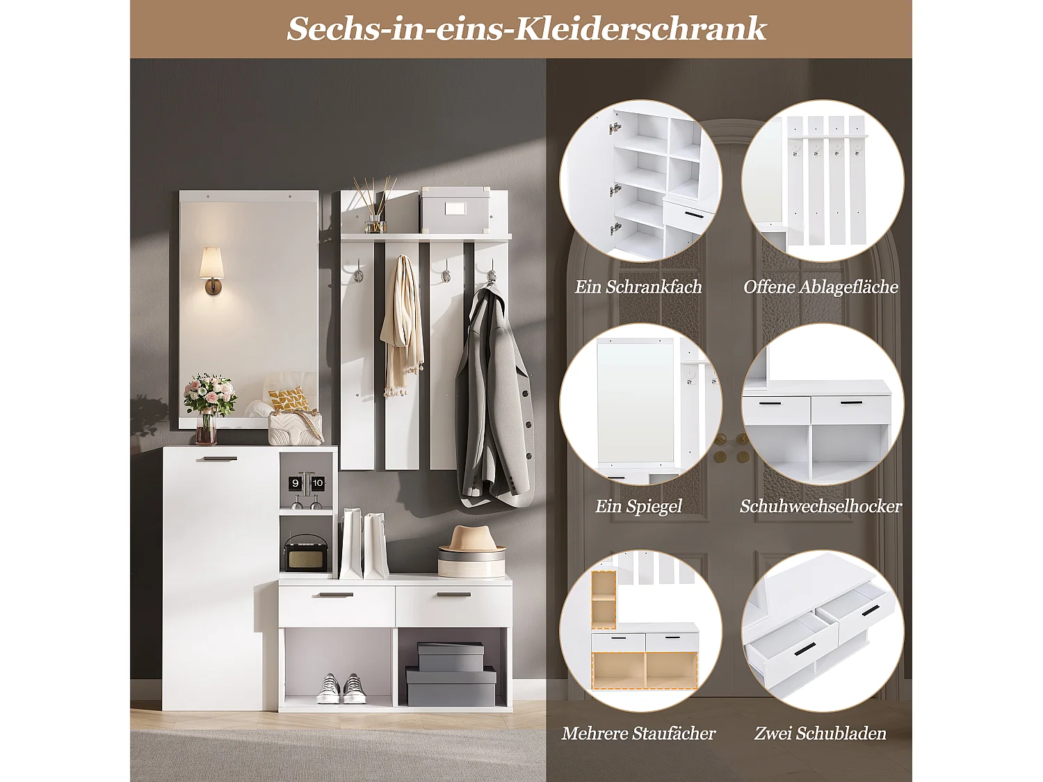 Schuhschrank mit Spiegel, Sitzbank, 4 Haken, 2 Schubladen und 10 Fächern – MDF – 120 x 35 x 175,5 cm – Weiß
