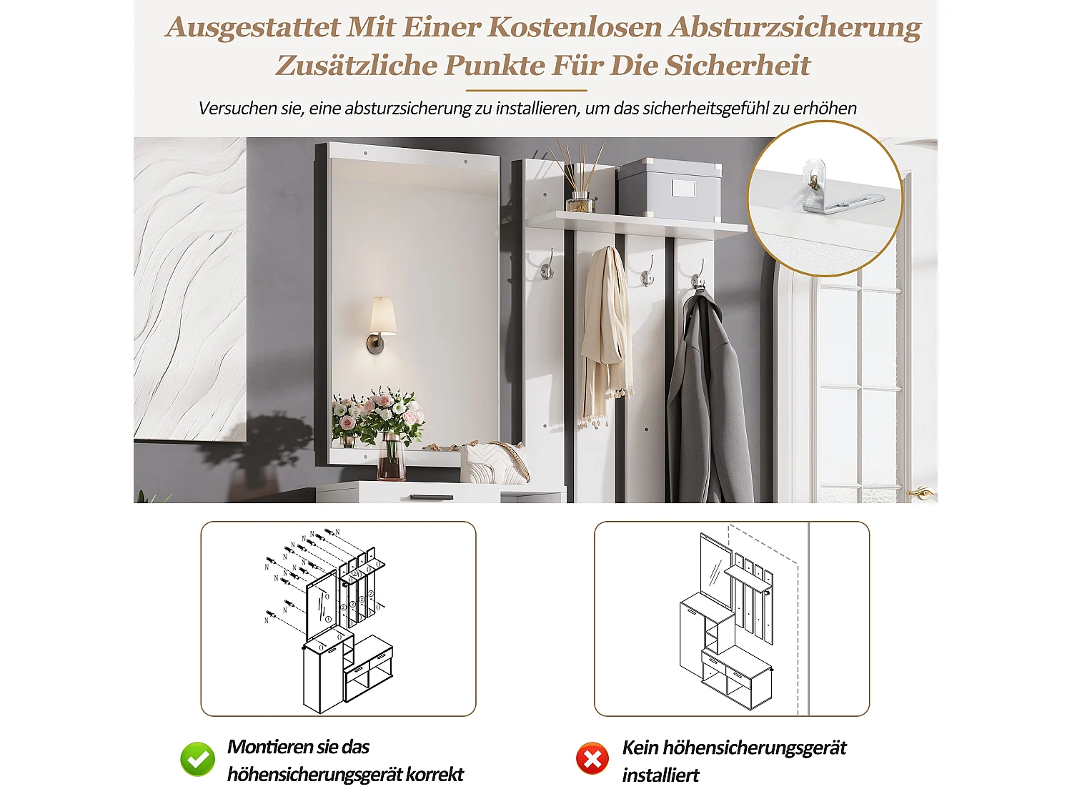 Schuhschrank mit Spiegel, Sitzbank, 4 Haken, 2 Schubladen und 10 Fächern – MDF – 120 x 35 x 175,5 cm – Weiß