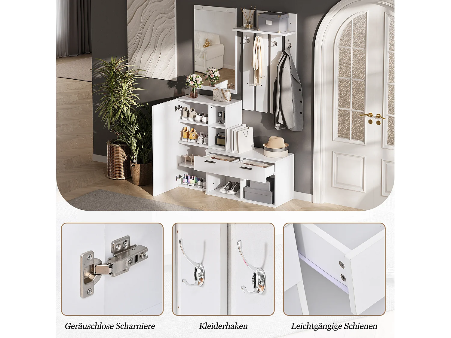 Schuhschrank mit Spiegel, Sitzbank, 4 Haken, 2 Schubladen und 10 Fächern – MDF – 120 x 35 x 175,5 cm – Weiß