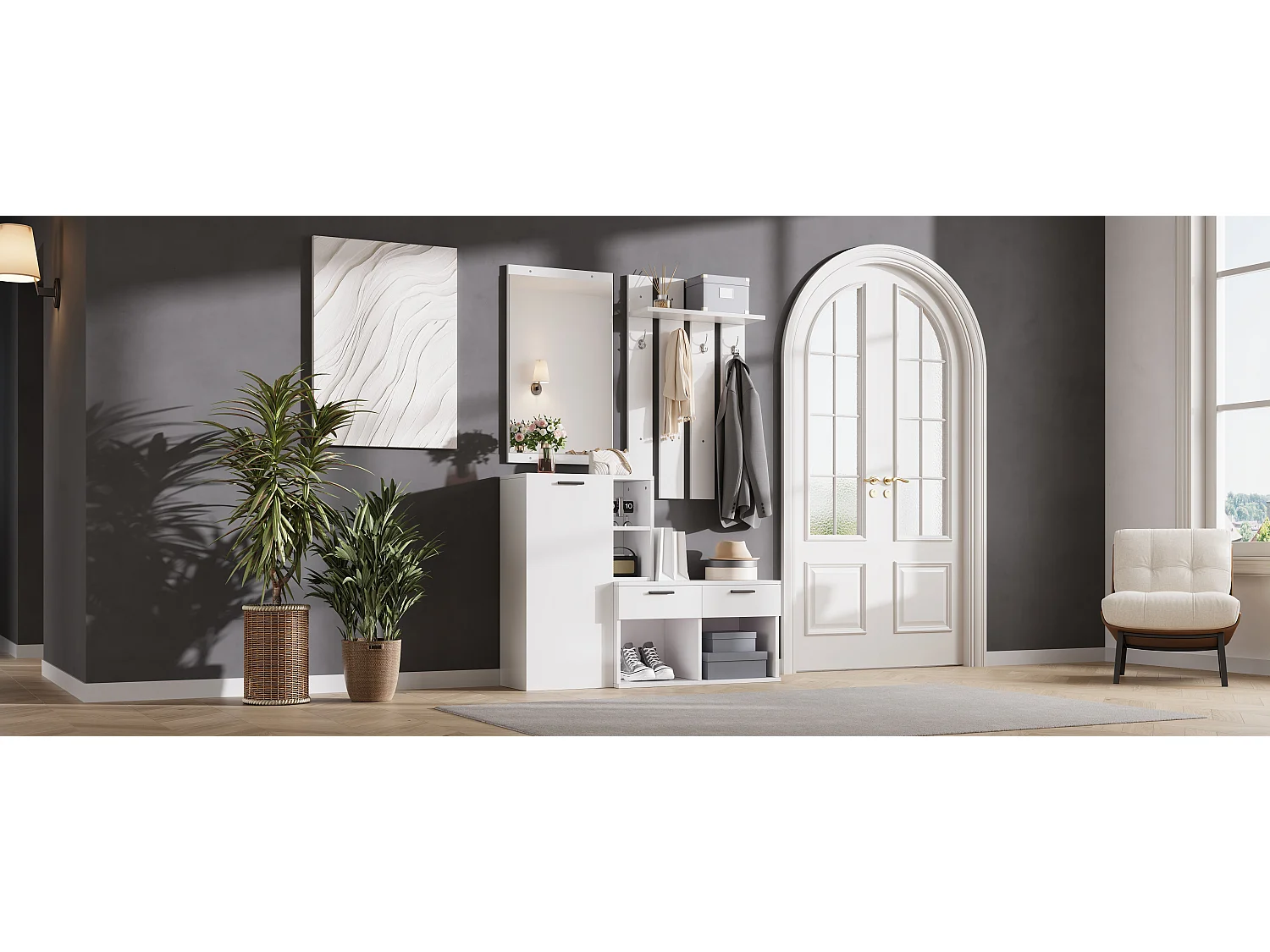 Schuhschrank mit Spiegel, Sitzbank, 4 Haken, 2 Schubladen und 10 Fächern – MDF – 120 x 35 x 175,5 cm – Weiß