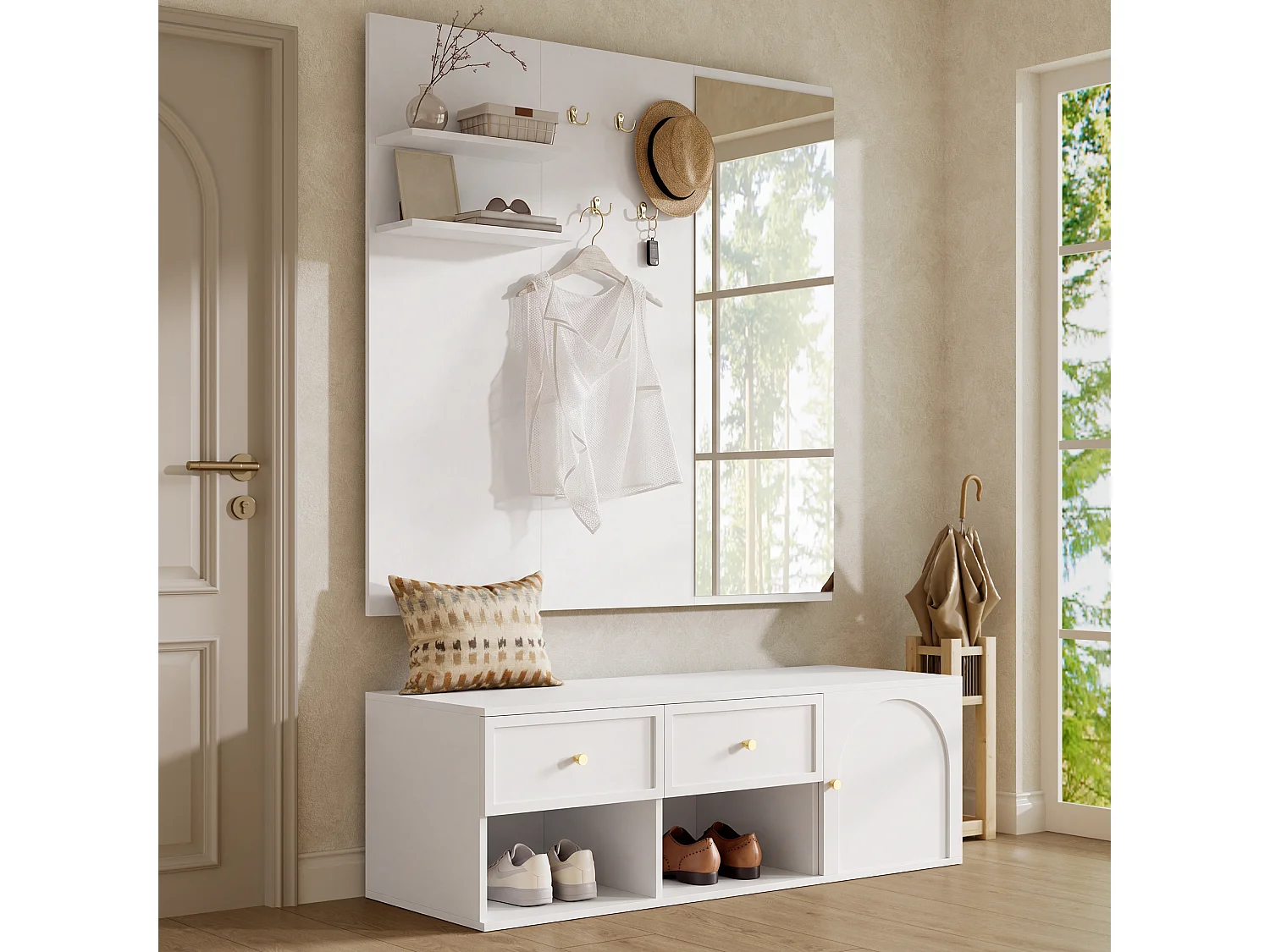 Meuble à chaussures avec miroir, 5 patères, 2 tiroirs, 1 porte et banc - Panneaux de particules - 120 x 35 x 159 cm - Blanc + naturel