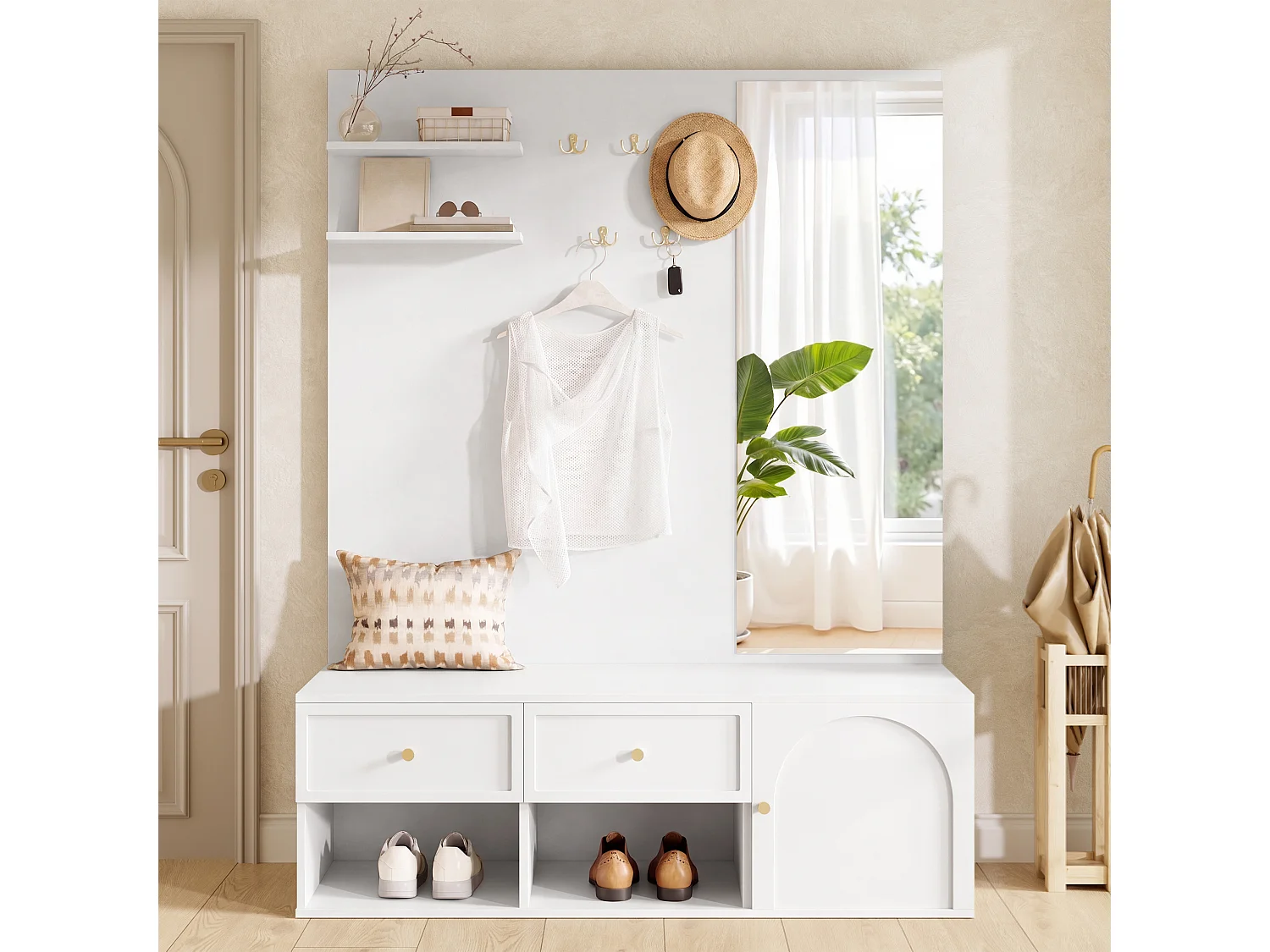 Meuble à chaussures avec miroir, 5 patères, 2 tiroirs, 1 porte et banc - Panneaux de particules - 120 x 35 x 159 cm - Blanc + naturel