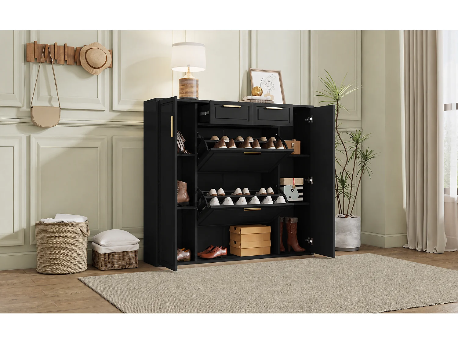 Meuble à chaussures avec 2 tiroirs et 4 portes - Etagères réglables - 95 x 24 x 107,5 cm - Panneaux de particules et métal - Noir