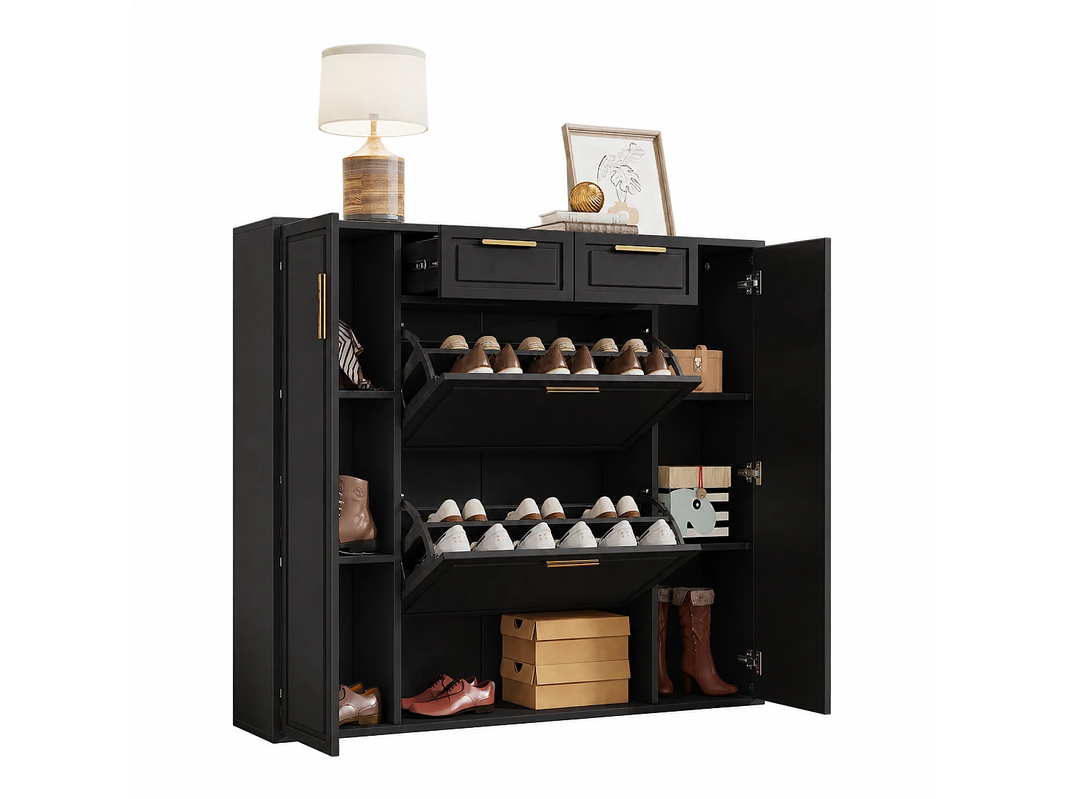 Meuble à chaussures avec 2 tiroirs et 4 portes - Etagères réglables - 95 x 24 x 107,5 cm - Panneaux de particules et métal - Noir