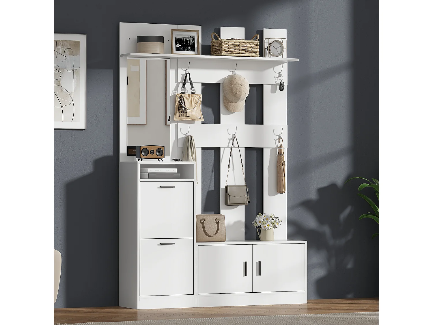 Meuble à chaussures multifonction avec meuble à chaussures 2 portes, miroir, banc et patères - MDF - 120 x 30 x 180 cm - Blanc