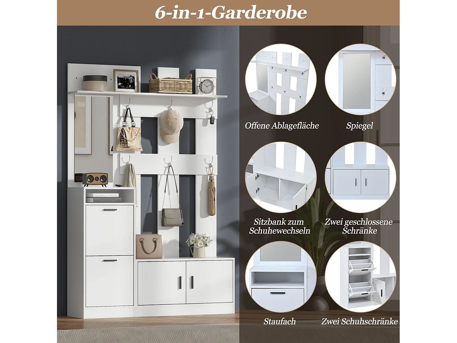 Meuble à chaussures multifonction avec meuble à chaussures 2 portes, miroir, banc et patères - MDF - 120 x 30 x 180 cm - Blanc