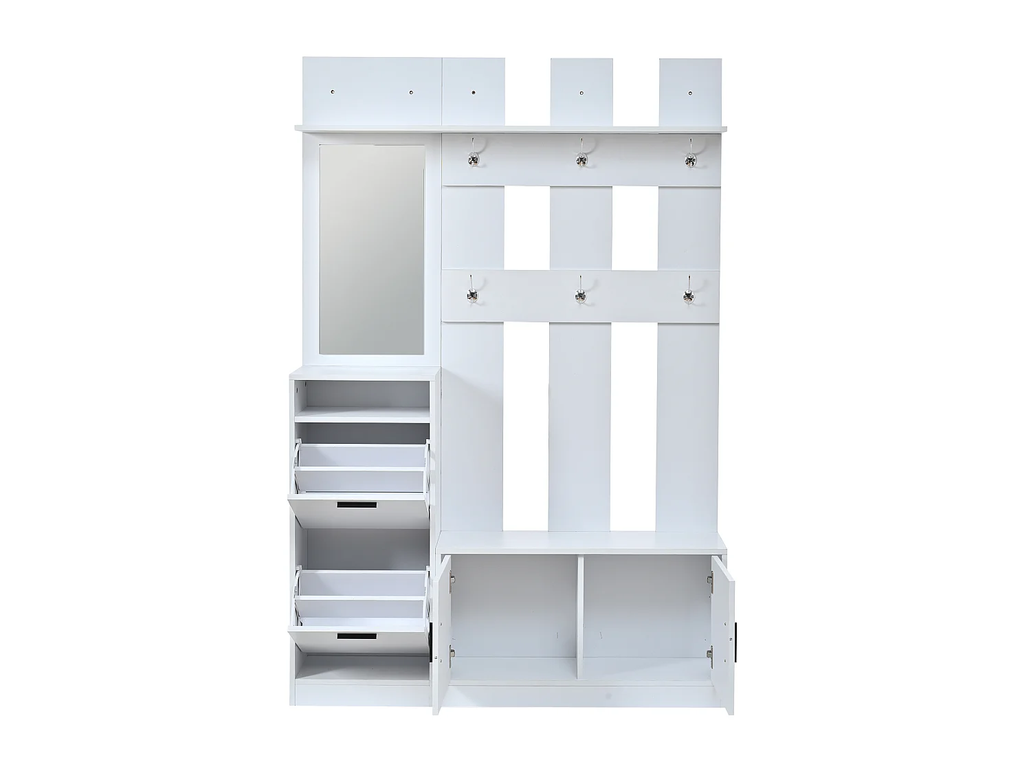 Meuble à chaussures multifonction avec meuble à chaussures 2 portes, miroir, banc et patères - MDF - 120 x 30 x 180 cm - Blanc