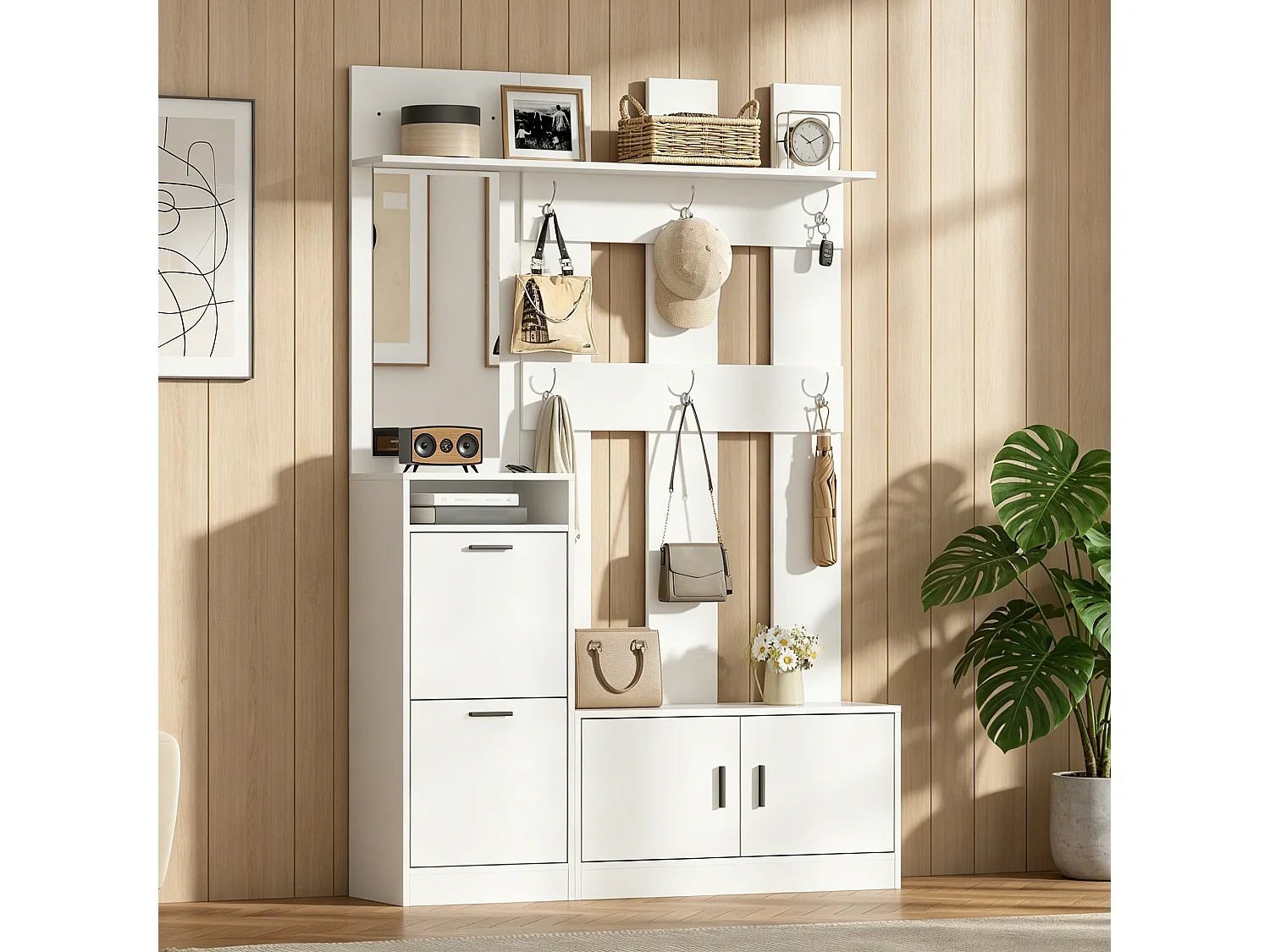 Meuble à chaussures multifonction avec meuble à chaussures 2 portes, miroir, banc et patères - MDF - 120 x 30 x 180 cm - Blanc