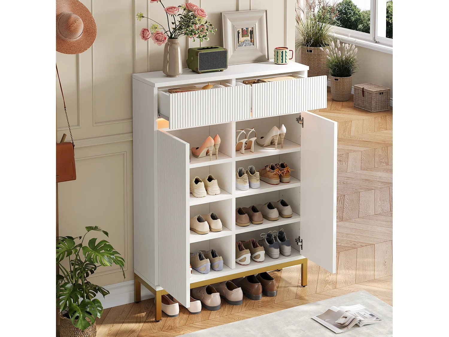 Moderner Schuhschrank 80x35x103 cm - 2 Schubladen und 2 Türen - Integrierte LED-Beleuchtung - Füße aus goldfarbenem Eisen - Weiß