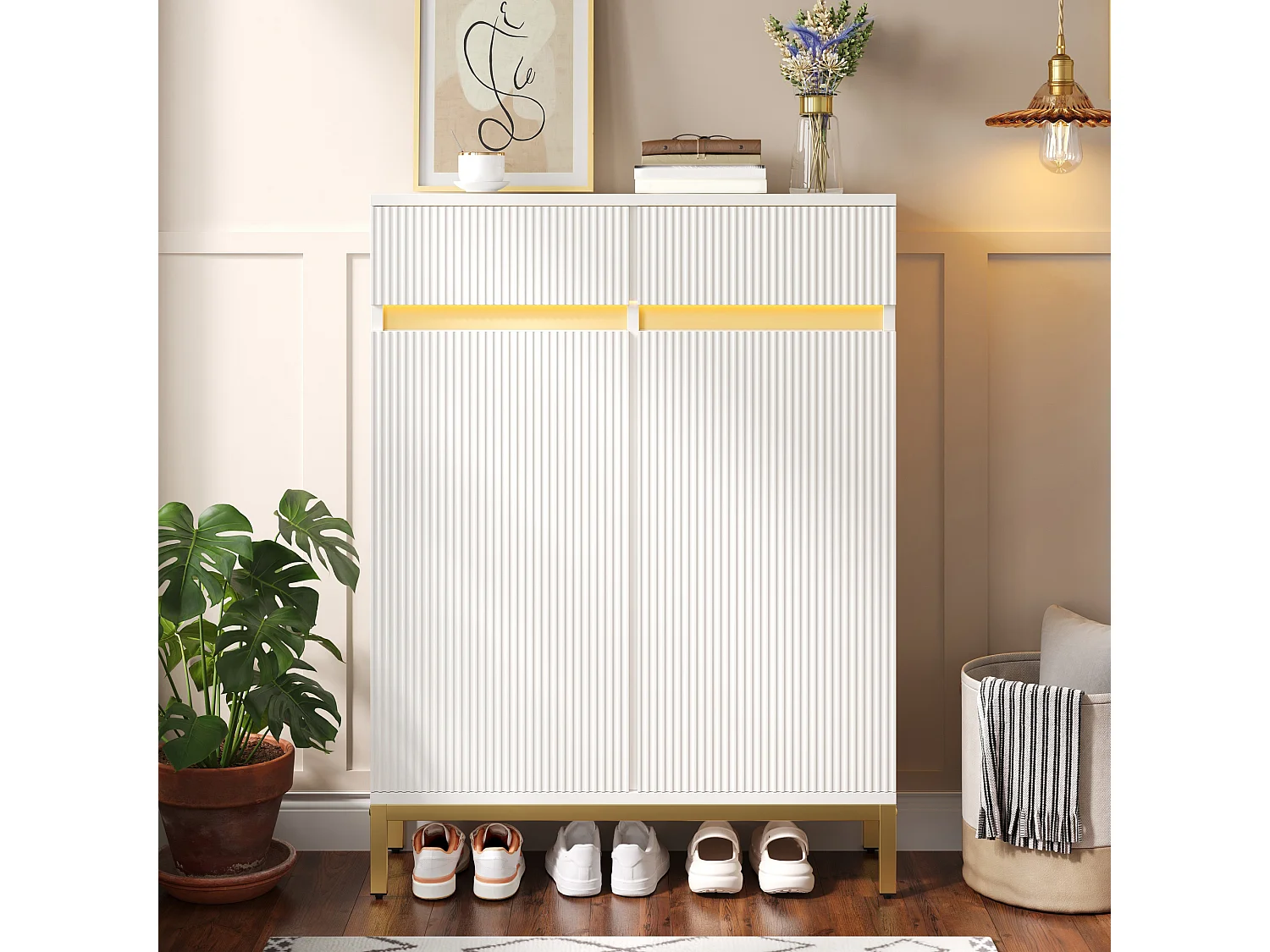 Moderner Schuhschrank 80x35x103 cm - 2 Schubladen und 2 Türen - Integrierte LED-Beleuchtung - Füße aus goldfarbenem Eisen - Weiß